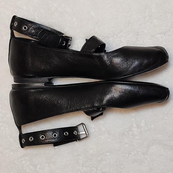 Ba&sh Canya Ballerina  Black Leather Ankle Strap Ballet Flats Loafers Shoes Sz 7